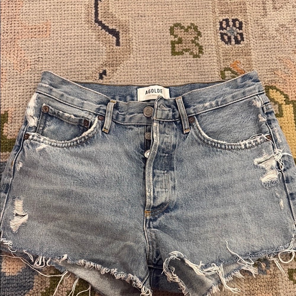 Agolde Blue Distressed Jean Shorts with Raw Hem